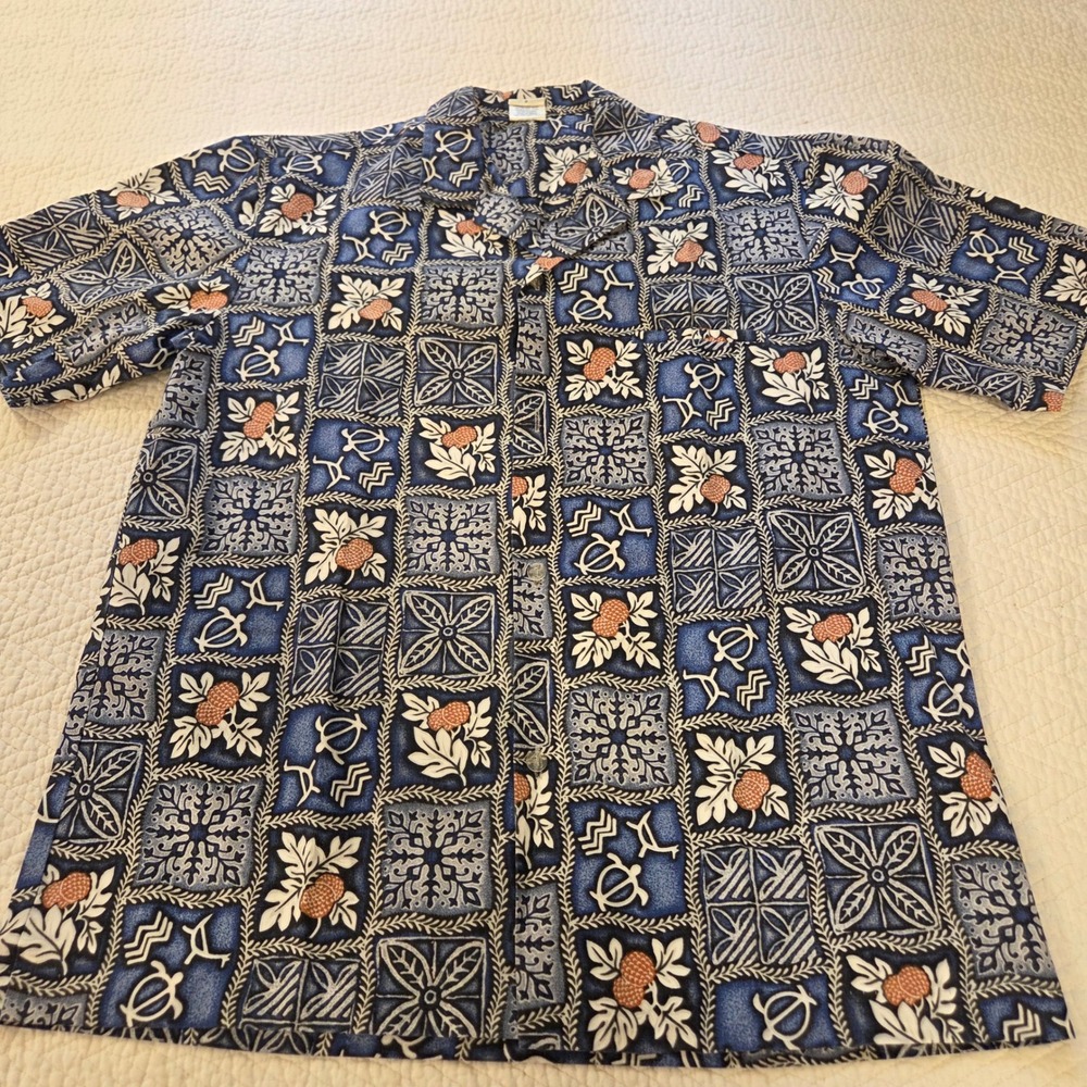 Royal Creations Hawaii Mens Medium Blue Tapa Print Aloha Hawaiian Shirt